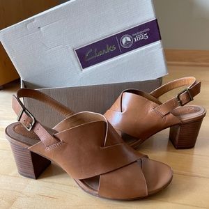 Clarks Ralene Vive Tan Brown Leather Sling Back Heels
